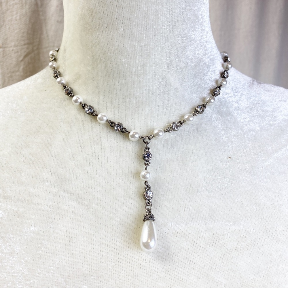 Faux Pearl clear rhinestone Y necklace with faux Pearl drop pendant